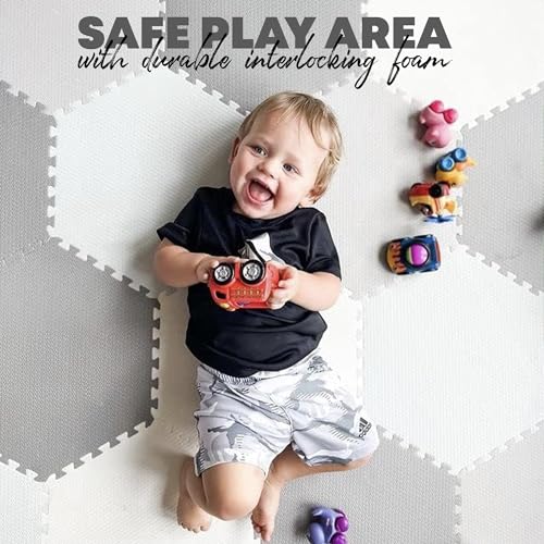 Baby Play Mat - Non-Toxic Extra-Thick Kid's Puzzle Exercise Activity Mat - Soft EVA Foam Interlocking Hexagon Floor Tiles, Grey & White, 48” x 72”