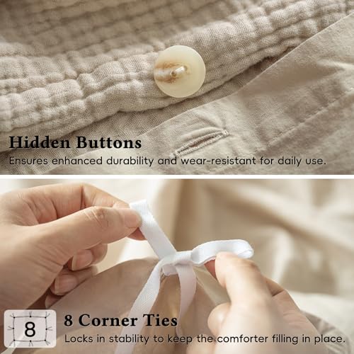 David's Home 100% Cotton Muslin Duvet Cover Set King Size,3 Pcs Soft Breathable & Lightweight Gauze Bedding Set with 2 Pillowcases,Textured Home Decor with Button, 104"×90" Natural/Oat Milk,No Insert