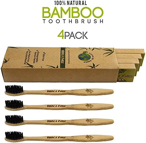 Lulupaxton Bamboo Toothbrush 100% Organic and Biodegradable Wooden Toothbrush Soft BPA Free Nylon Bristles - Pack Of 4 Best Toothbrushes For Sensitive Gums (Black)