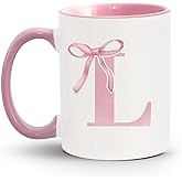 JKMBN Personalized Gifts for Women Girls, Monogrammed Coffee Mugs, Coquette Pink Bow Initial L Coffee Cups Ceramic, Unique 11oz Ceramic Cup Pink
