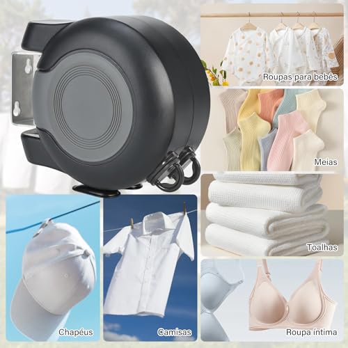 Varal Retrátil de Parede Recolhível com Corda 30m e Kit Instalação – Suporta até 30 kg de Roupas,para Varanda de Apartamento e Espaços Pequenos,Trailers e Camping Etc