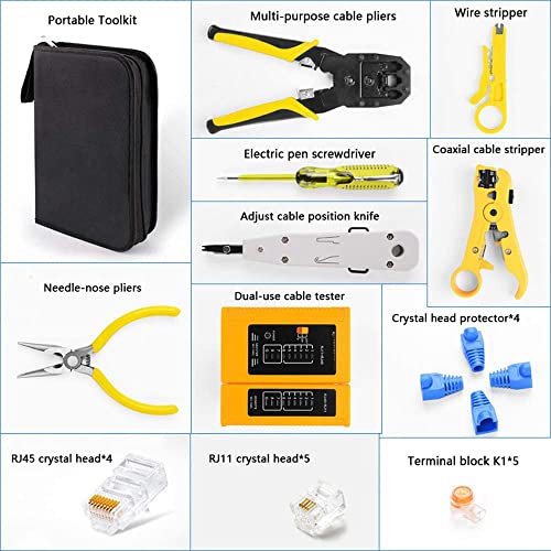 BIKUUL RJ45 Crimping Tool Kit for RJ11/RJ12/CAT5/CAT6/Cat5e, Professional Computer Maintenance Lan Cable Tester Network Repair Tool Setï¼ŒWire Crimper Wire Connector Stripper Cutter