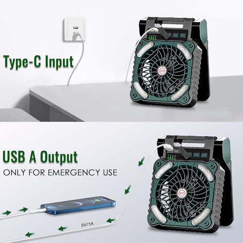 Sendowtek Solar Fan for Camping 10400mAh, Portable Powerful and Quiet 4 Speeds with LED Light and Timer, Rechargeable Battery Fan for Outdoor Tent Camper Travel Table