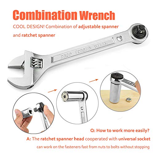 Universal Socket Wrench Set 1/4"-3/4"(7mm-19mm) Double End Adjustable Wrench Multi-functional Universal Ratchet Socket with Wrench Power Drill Adapter 3PCS Professional Repair Handyman Tool