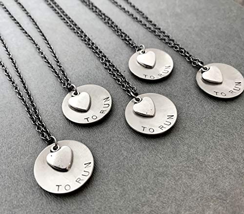LOVE (Heart) TO RUN Running Necklace Hand Stamped Round Nickel Silver Charm with Pewter Heart on 18 inch Gunmetal Chain