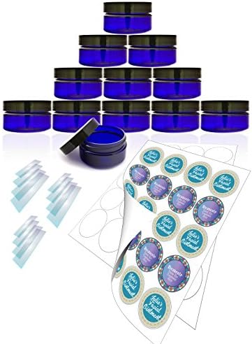 Blue Jars Cobalt blue 2 oz PET Plastic 12 pack, White Glossy Labels, and Heat Shrink Wrap Seals.