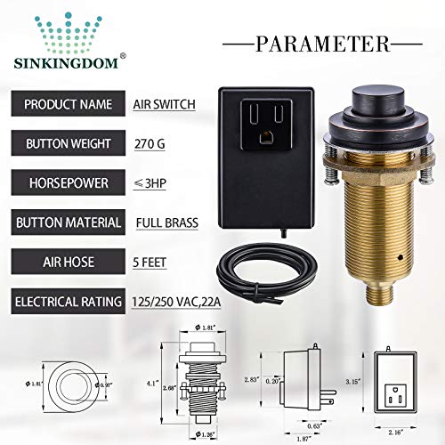 SINKINGDOM SinkTop Air Switch Kit (Long Full Brass Button) for Garbage Disposal, Cordless (Oil
