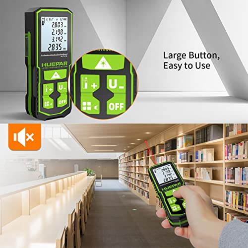 Huepar 120M Laser Distance Meter with Rechargeable Battery and Dual Angle Display, M/in/Ft Laser Meter with Mute Function and Multiple Measurement Modes, Pythagoras, Distance – S120