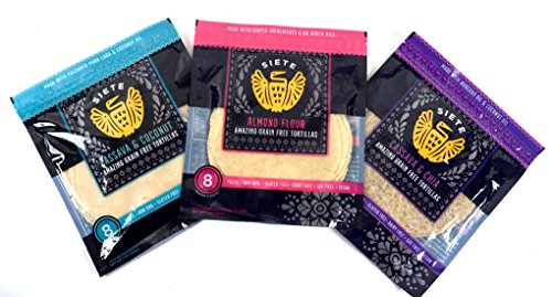 Siete Paleo Tortillas 3 Flavor Sampler Pack, Almond Flour, Cassava Coconut, & Cassava Chia Seed, 8 count each (3 packs total)