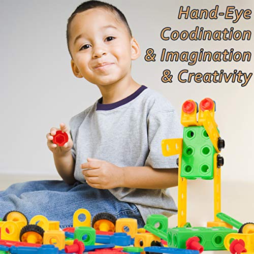cossy 107 Pieces Construction Engineering Building Blocks Set, Manipulative Toy for Boys & Girls, Come with a Sturdy Storage Container, Best STEM Toy Gift for Kids Ages 3 yr - 6 yr