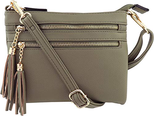 Vegan Mini Multi-Zipper Crossbody Handbag Purse with Tassel Accents (Olive)