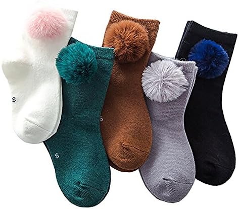 FairySu Girls Socks Solid Color Cotton Pom Pom Casual Tube Knee High Thick Socks 5 Pair Pack (Large / 9-12 Years)
