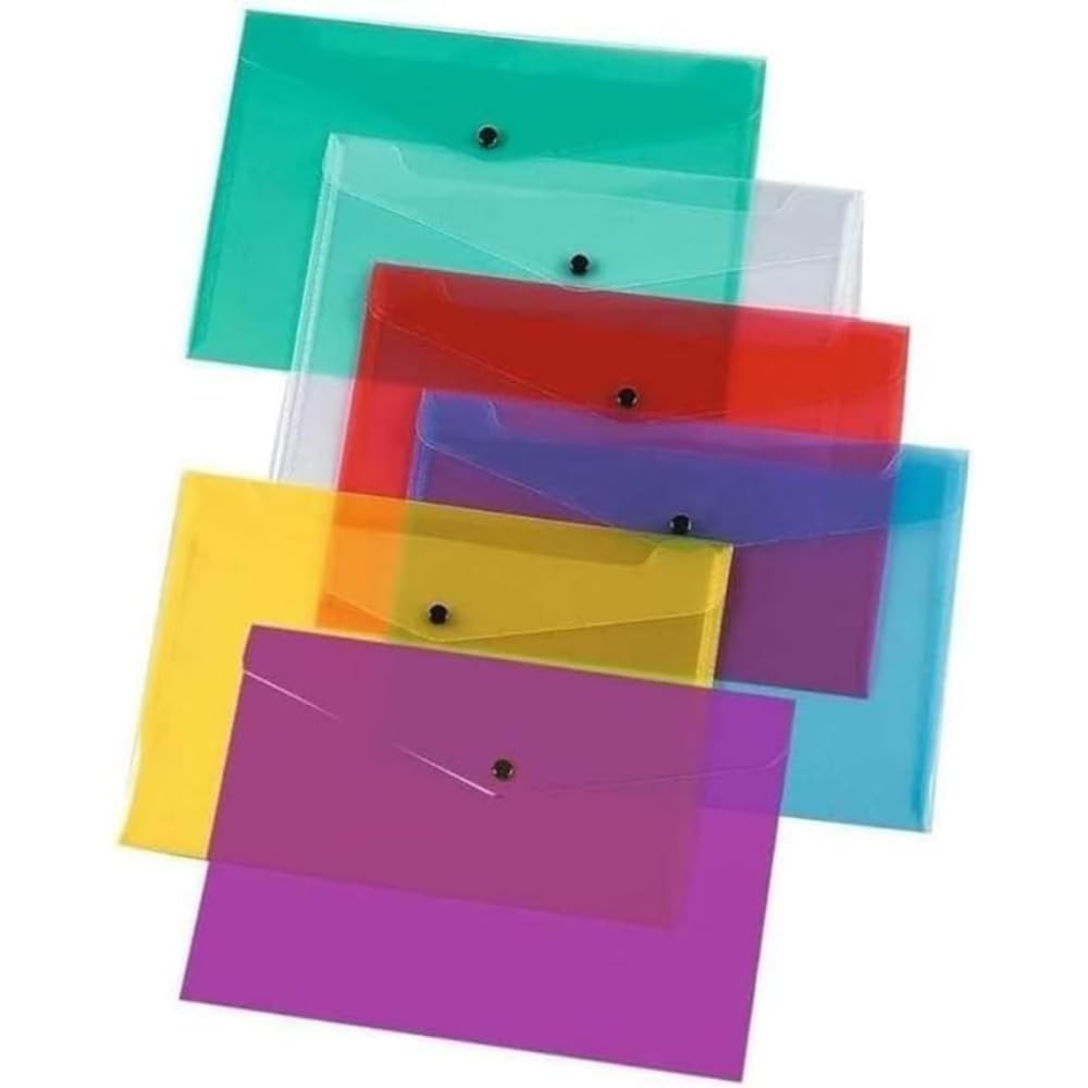 G4GADGET 12 Pack A4 Colourful Document Wallets – Assorted Plastic Popper Folders with Secure Snap Button – Durable A4 Filing Envelopes for School, Office & Home