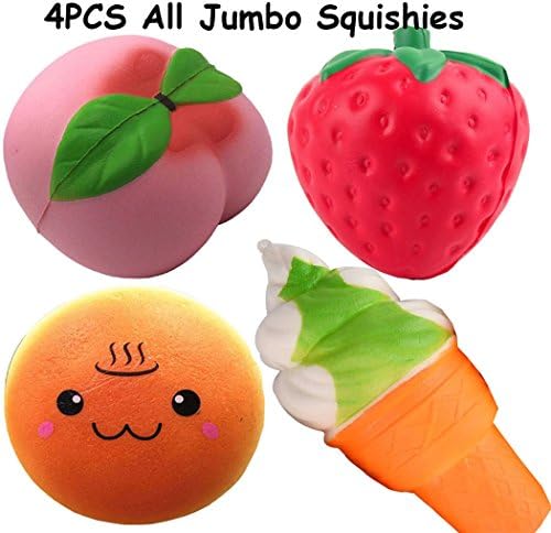 Kayoon Pack 4 Jumbo Squishy Slow Rising Ice Cream Hamburger Strawberry Peach Hand Pillow Reduce Stress Anxiety Toy Kawaii Squishy Charms