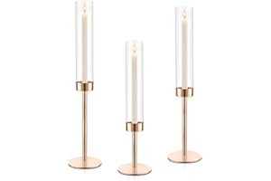 ASHELYULLA Gold Hurricane Candle Holders, Set of 3 Glass Taper Candlestick Holders Metal Candle Stands Bulk with Glass Cover for Dining Tables Wedding Candelabra Centerpieces Decor