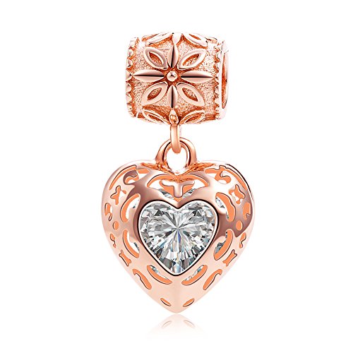 Rose Gold Heart Crystal Charms Pendant Solid 925 Sterling Silver Love Dangle Bead Valentines Day Charms