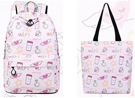Fashion Waterproof Fabric Women Backpacks Cute Expression Pattern Printing Teenage Girls Travel Laptop Mochila Pink set 14 Inches