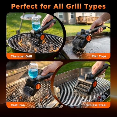 Cepillo Eléctrico para Parrilla 100W con Botella Rociadora – Recargable 7,4V, 2 Velocidades, 90 Min de Autonomía, IPX8 Impermeable – Limpiador Parrilla Barbacoa Eléctrico con Caja de Herramientas