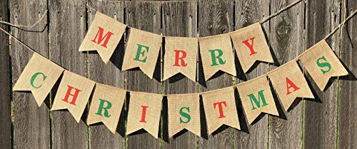 Merry Christmas Colorful Burlap Banner - Ready to Hang Holiday Decor - Festive Christmas Seasonal Winter Decoration - Xmas Party Photo Prop Decorations - Rustic Bunting Garland by Jolly Jon Â®