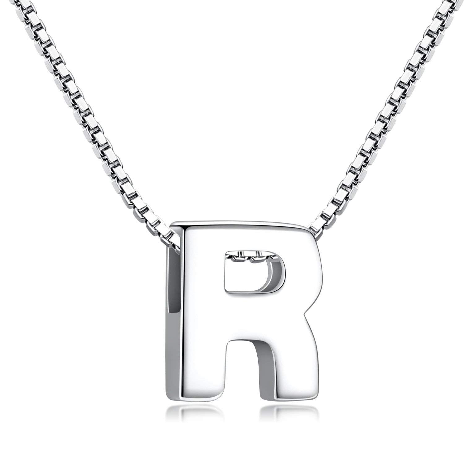 Candyfancy 1.0mm 18 inch 925 Sterling Silver 26 Small Letters Alphabet A-Z Initial Pendant Box Chain Necklace (R with Chain) — image 1