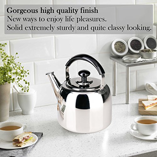 Tea Kettle Whistle for Stovetop 18/10 Stainless Steel Mirror Finish Surface, Bakelite Handle Fast Boiling GSH 3 Quart