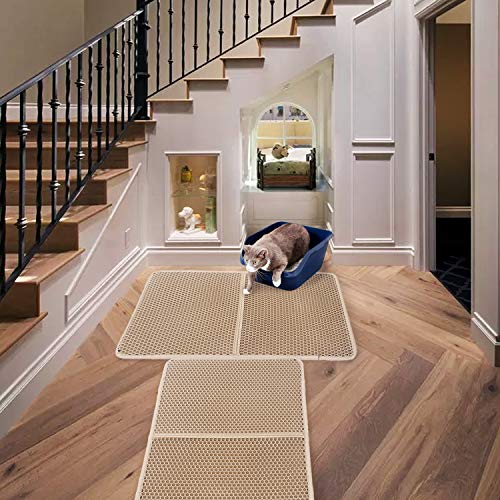 lesotc Cat Litter Mats Extra Large, Large Cat Litter Mat Litter Trapping, Jumbo Cat Litter Mats for Litter Box, Double-Layer, Waterproof, PU Leather Edge,(34" X 30", Beige)
