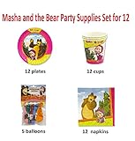 KolVoi Shop Party Supplies and Birthday Set Masha and The Bear : Balloons Plates Napkins Cups Kit for 12 Guests