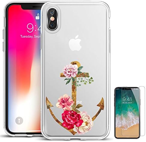 Iphone X Case Anchor Design Pattern Clear Transparent Protective Bumper Tpu Soft Phone Case + Screen Protector Tempered Glass 5.8"(Anchor)
