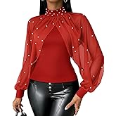 CHICME Womens Tops Dressy Casual Lantern Sleeve Chiffon Spliced Top with Pearls High Neck Slim Fit Cape Style Blouse