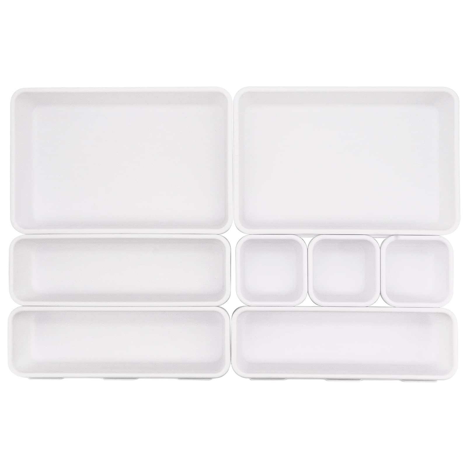 JJoexyfit 8 Pack Desk Drawer Organisers, Interlocking Drawer Dividers with 3 Sizes, Versatile Storage Boxes Drawers Organizer for Kitchen, Office, Makeup, Bathroom (White)