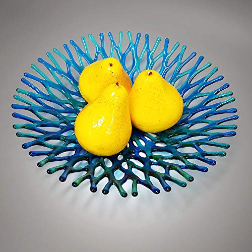 Lacy Glass Art Sea Coral Fruit Bowl Centerpiece in Turquoise Blue Aqua