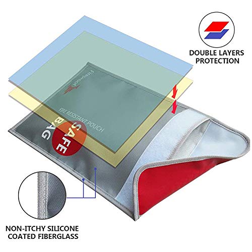 Fireproof Money Safe Document Bag 15" x 11" Non-Itchy Silicone Coated Fire Resistant Waterproof Money Bag Safe Storage for Money, Documents, Jewelry and Passport