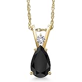Gem Stone King 14K Yellow Gold Black Onyx and White Created Sapphire Pendant Necklace for Women | 0.88 Cttw | Gemstone December Birthstone | Pear Shape 8X5MM | With 18 Inch Chain