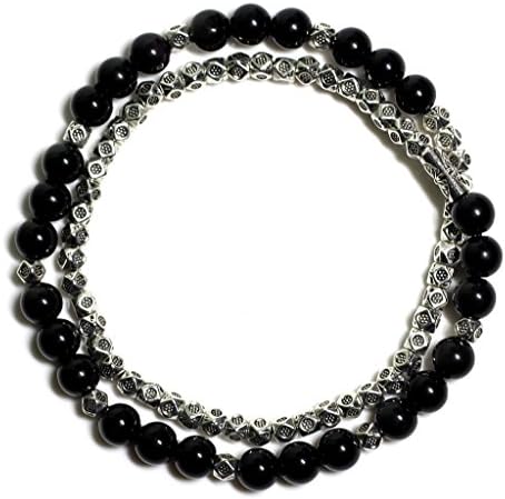 Raviga Handmade 6MM Gemstone Bead Double Wrap Bracelet with Silver Tone Alloy Obsidian Medium