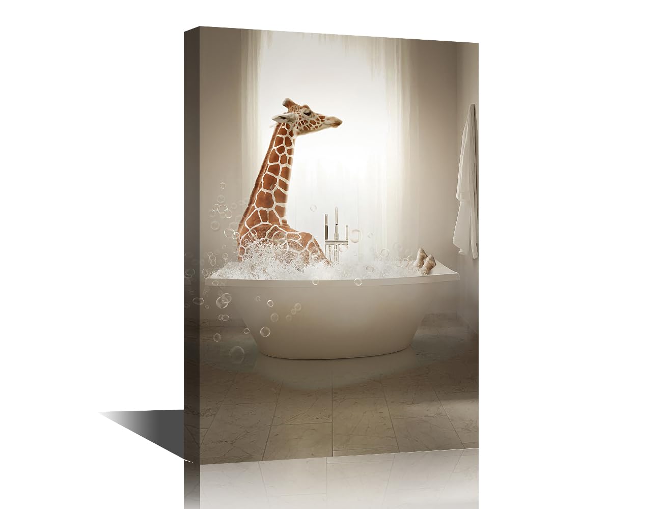 Funny Decor Bathroom Wall Decor Art Canvas Framed Giraffe Bubble Bath for Women Men Giraffe Poster Decor Retro Bathtub Bar Home Decor Ready to Hang - 24" Wx16 H — image 1