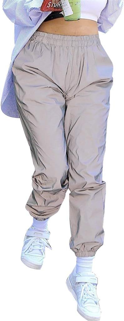 Tyjie Womens Harem Cargo Pants, Mid Waist Night Reflective Trousers Hip-Hop Style (2XL) Gray
