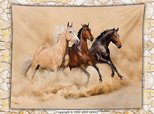 Animal Decor Fleece Throw Blanket Three Horse Running in Desert Storm Mythical Mystical Messenger Animals in Habitat Print Throw Cream Brown