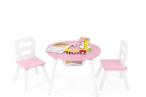 HONEY JOY Kids Table and Chair Set, Wooden Children Activity Table and 2 Chairs for Art & Craft, Storage Mesh Basket, 3-Piece