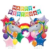 25Pack Colorful Happy Birthday banner &32 inch Unicorn balloons Bright Rainbow Stars Foil balloon For First birthday party decorations Baby shower Unicorn party supplies (colorful)