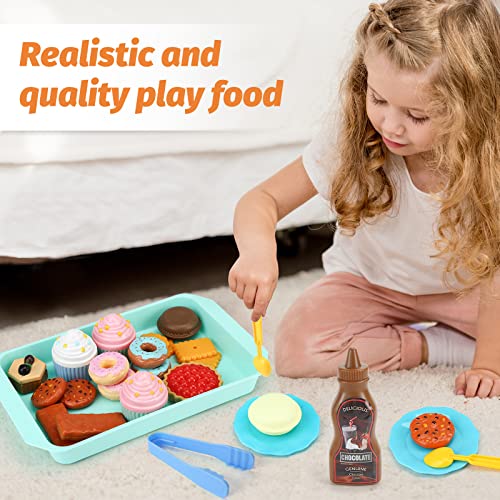 LovesTown Pretend Play Desserts Toy, 29 PCS Kids Desserts Food Toy Set Pretend Tea Party Food Fake Food Toy for Kids Birthday Gift