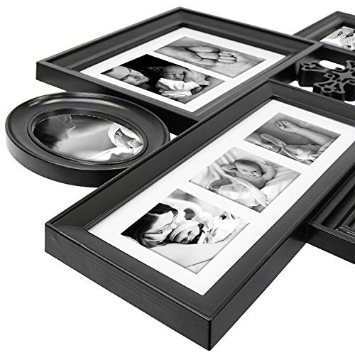 Jerry & Maggie - Photo Frame 28x28 Black Picture Frame Multi Selfie Gallery Collage Wall Hanging 6 Open Photo Sockets with Cross - Wall Mounting Design