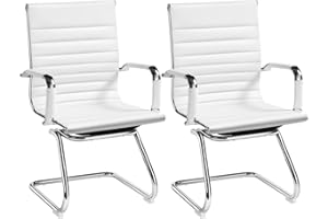 Yaheetech Faux Leather Office Reception Chair Without Wheels Mid Back Ergonomic Guest Chairs for Conference Reception Room Waiting Room, Set of 2 White