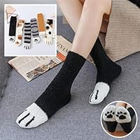 LAIHUI Winter Warm Sleep Floor Socks,Cute Cat Paw Slipper Socks for Girl Women,Non-Slip Soft Coral Thickening Fuzzy Middle Stockings Socks,Christmas Fuzzy Home Stockings Gifts (Black)
