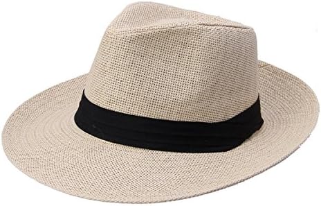 nboba Summer Unisex Straw Jazz Sunhat with Ribbon Trim Wide Brim Cap Beach Solid Fedora Hats UV Protection Caps for Man and Women Beige