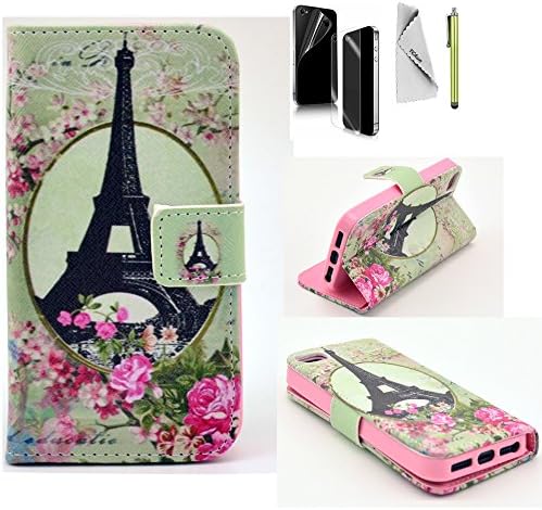 For iPhone 5s Case YCAun Wallet Flip Folio Cute PU Leather Stand Slim Fit Case With Card Holder Pocket Stylus Screen Protector and Cleaning Cloth [Beautiful Eiffel Tower Retro Vintage]