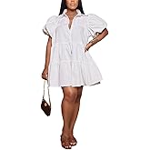 WOKANSE Women's Cute Babydoll Dresses 2024 Casual Loose Puff Sleeves Ruffle Hem Button Down Pleated Shirt Dress