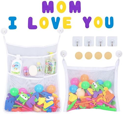 Bath Toy Organizer, Bathtub Mesh Net for kids - Multi-Use Organizer+Big pocket storage Net + 4 Ultra Strong Suction Cups and 4 Removable Magic Sticky Hooks + four 3M Stickers+11 Non Toxic Foam Letters