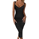 BEAGIMEG Women's Sexy Bodycon Sleeveless Ruched Mesh Club Party Midi Dress