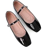 Stunner Mary Jane Square Toe Black Ballet Flats for Women Comfortable Ankle Strap Casual Slip On Flats