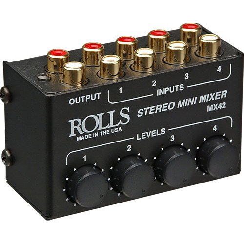 Rolls MX42 4-Channel Passive Mini Stereo Mixer with 2 RCA Male to 2 RCA Male Dual Audio Cable 3'